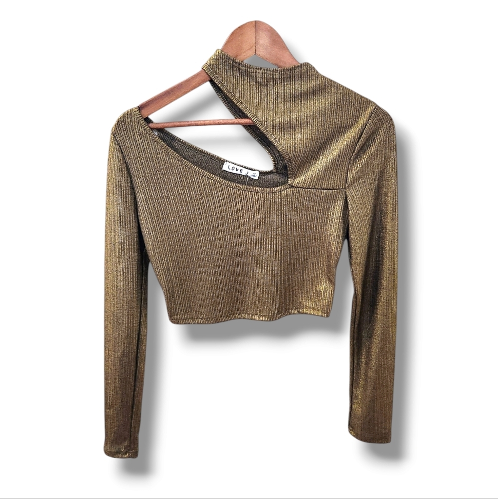 Shimmery Gold Asymmetric Cutout High Neck Long Sleeve Crop Top | M